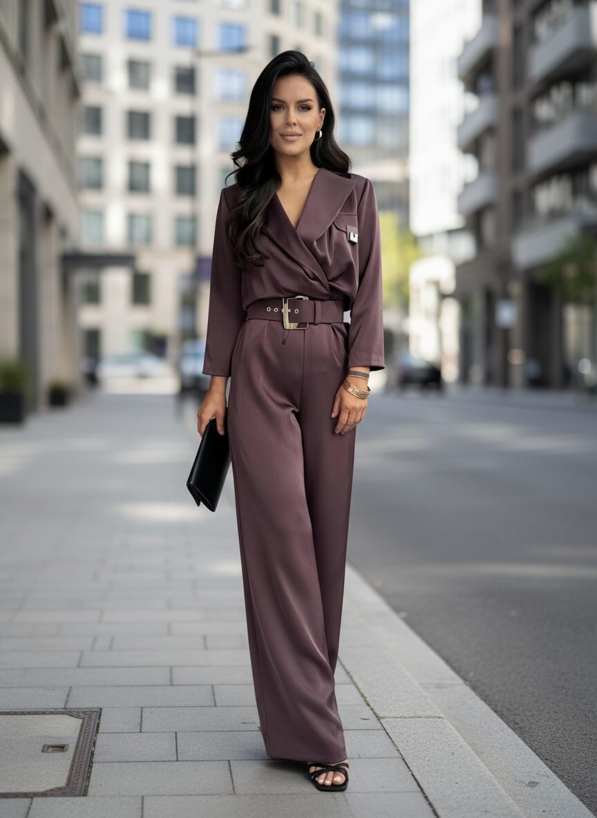 Czekoladowy kombinezon damski Kemi 1 – elegancja i nowoczesny szyk