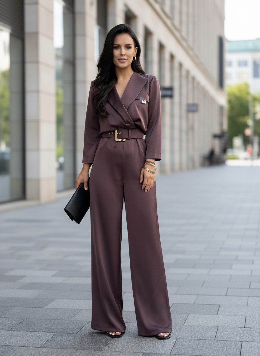 Czekoladowy kombinezon damski Kemi 1 – elegancja i nowoczesny szyk - obrazek 2