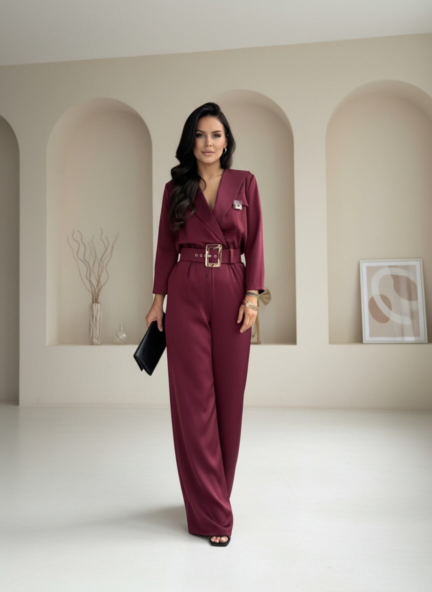Bordowy kombinezon damski Romini 1 z szerokimi nogawkami – elegancja i szyk na wyjątkowe okazje
