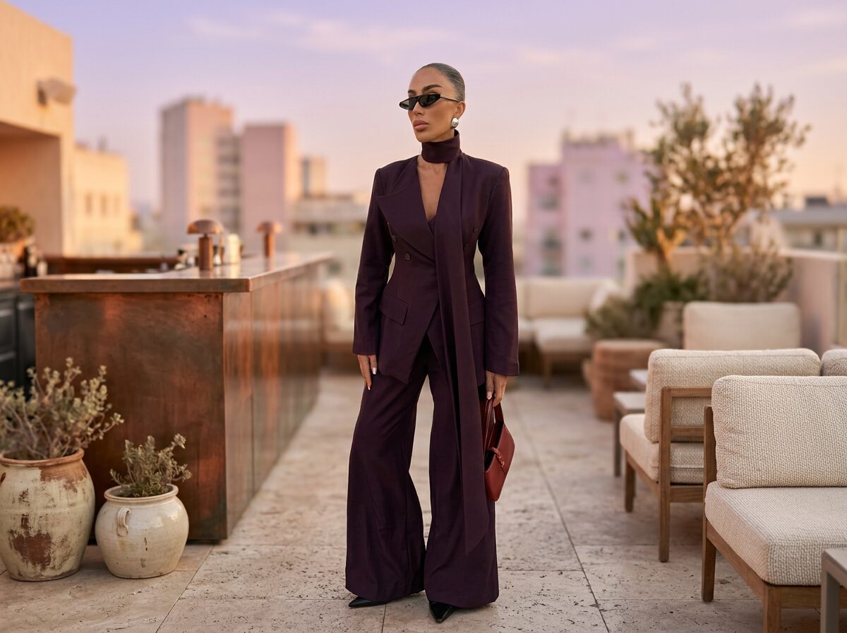 Garnitur damski z szerokimi spodniami w kolorze bakłażana Ricci 1 – nowoczesna elegancja w kobiecym wydaniu